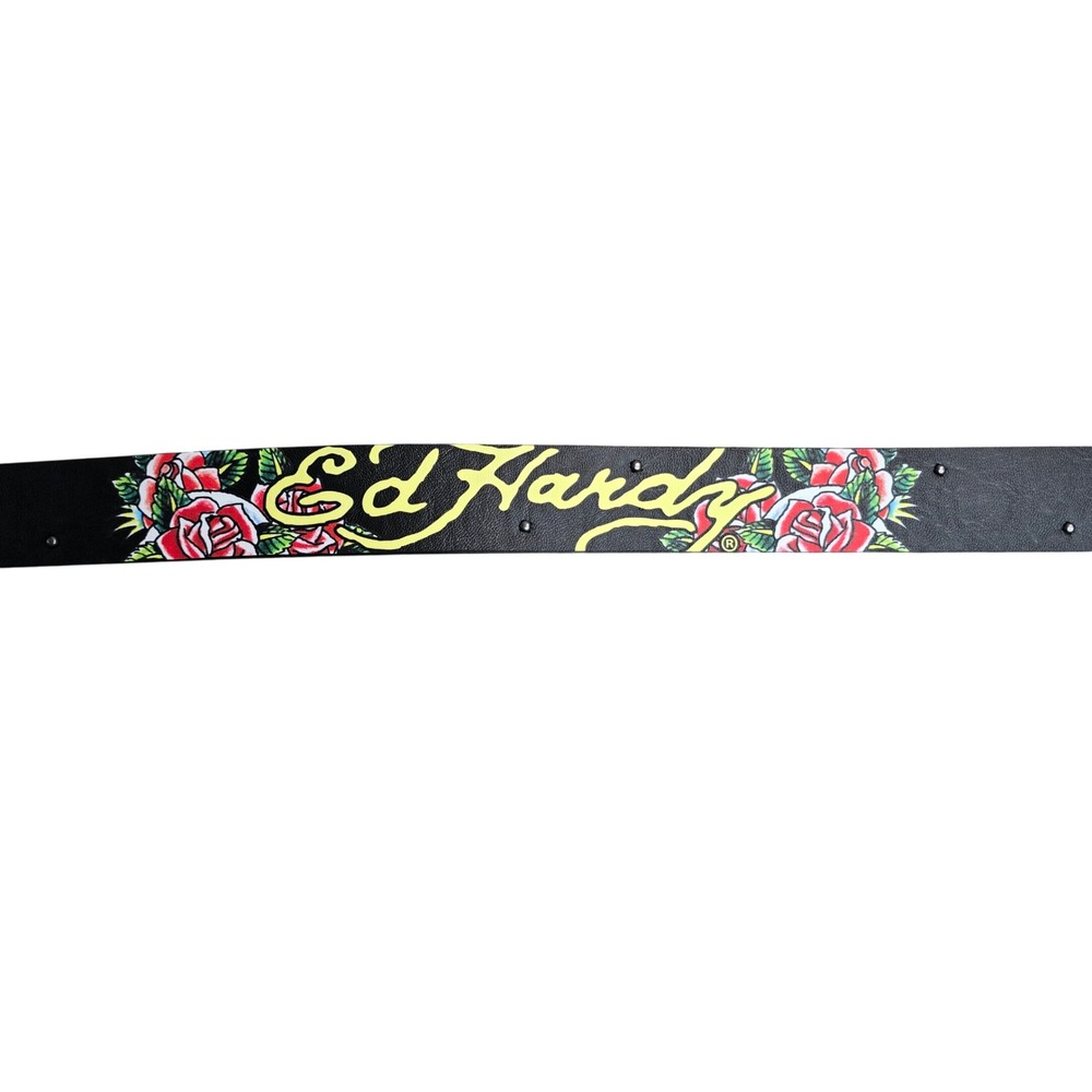 Ed Hardy Mens Black Bonded Leather Tattoo Graphic Belt Skull Rose Size 32 New